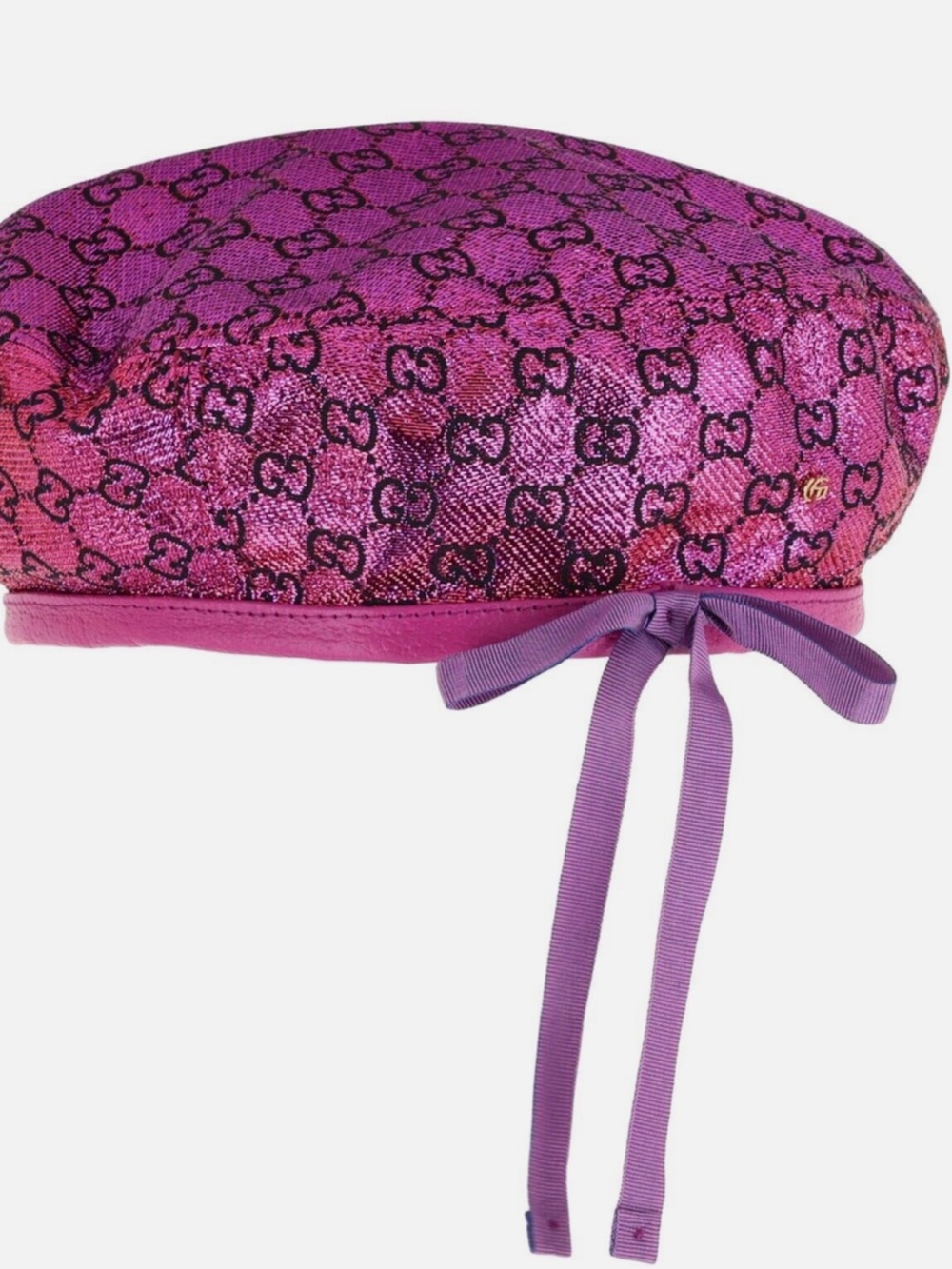 Gucci Pink GG Monogram Sequin Beret Hat M 57cm Rare Metallic Logo Cap Luxury - Picture 2 of 7